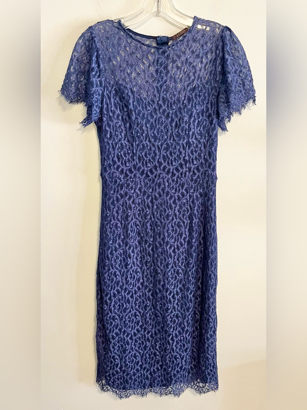 Lusio Navy Blue Lace Midi Dress. Short Sleeves, Lined Torso. Size Small